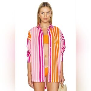Beach Riot Pink Orange Stripe Alexa Long Sleeve Cotton Cover-Up Top Resortwear